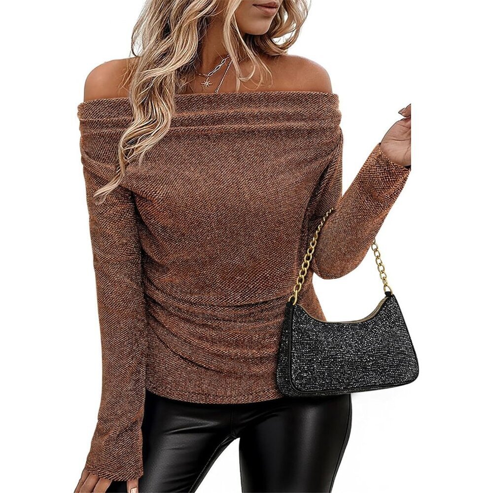 Women's Cowl Neck Long Sleeve Sequin Top Slim Fit Party Blouse - Picture 2 of 7